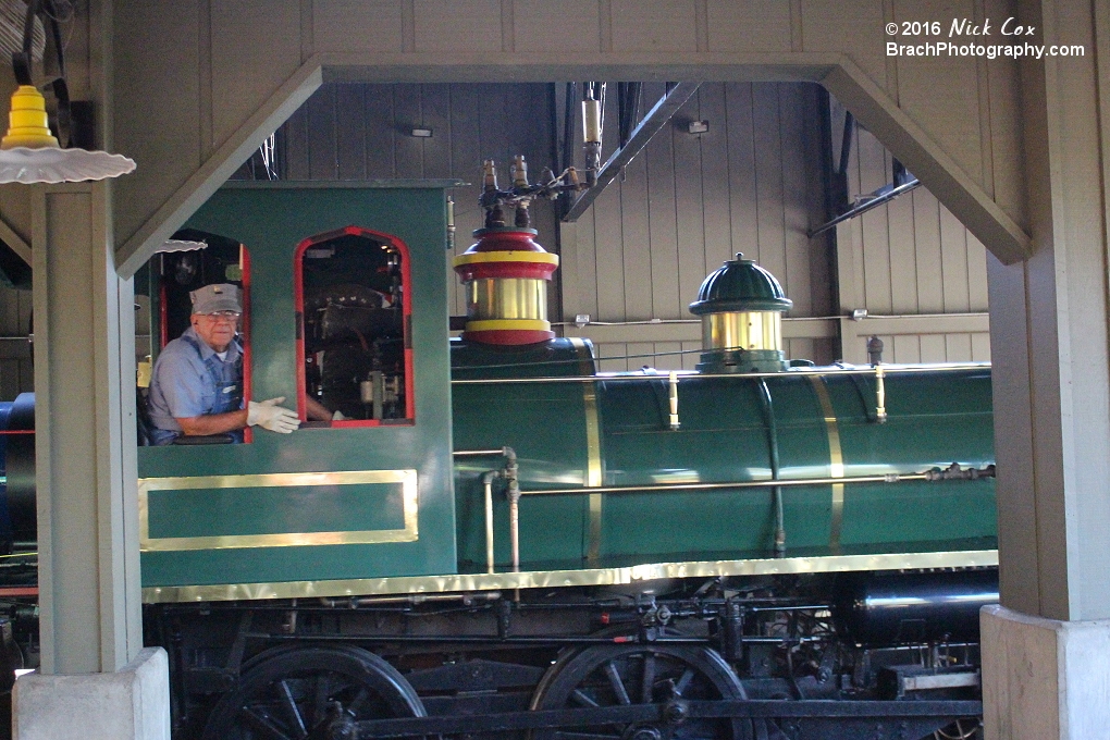 The front engine of the green Busch Gardens Railroad train.