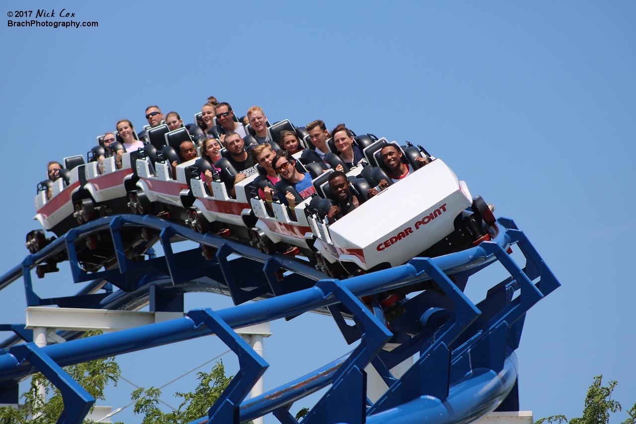 The white train headed towards the double corkscrew.