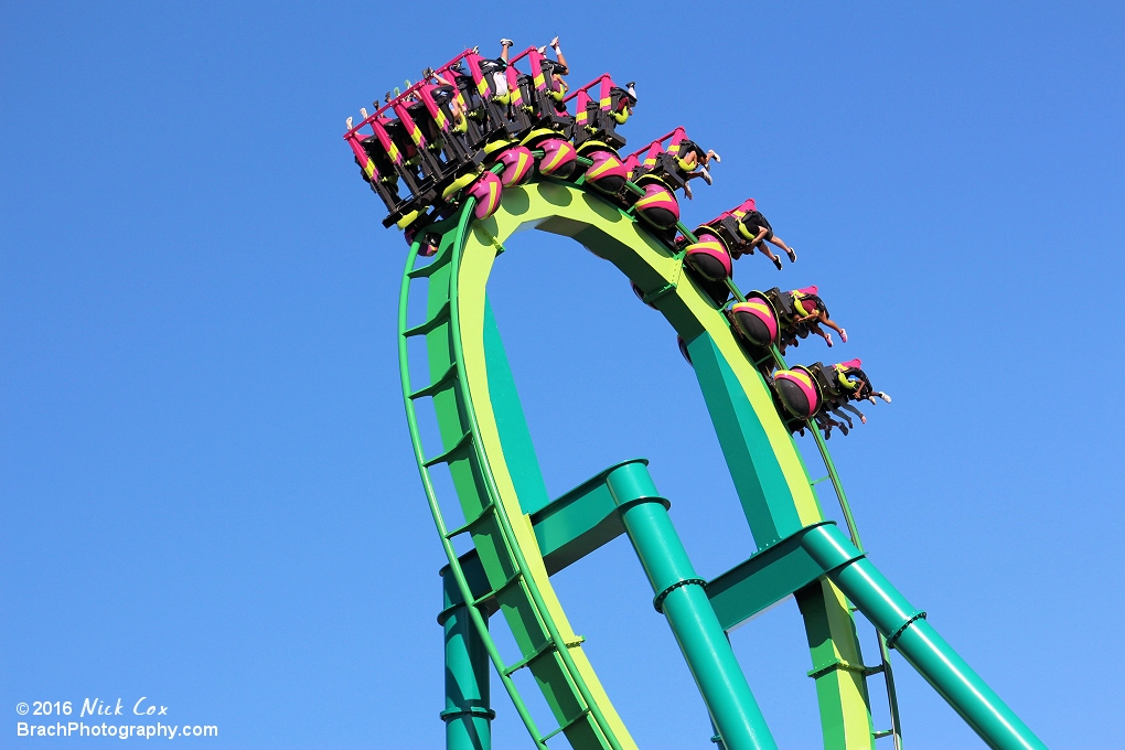 The ride going through the vertical loop.