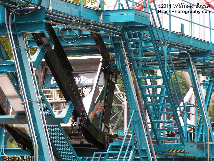 Demon Drop is of the First Generation Drop Tower rides from Intamin.  It features a cart that drops you down while sitting upright.  Once you reach the bottom of the drop, the cart tilts you onto your back.  Not all that comfortable of a drop tower ride, but it was the ride that led to today's Gyro Drops from Intamin like Drop Tower at Kings Dominion.