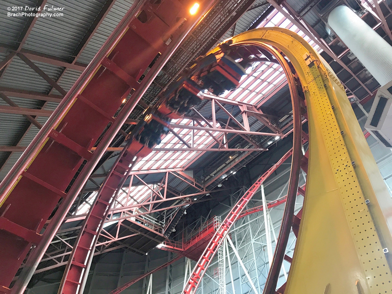 One of the three Vertical Loops with a train going through it.