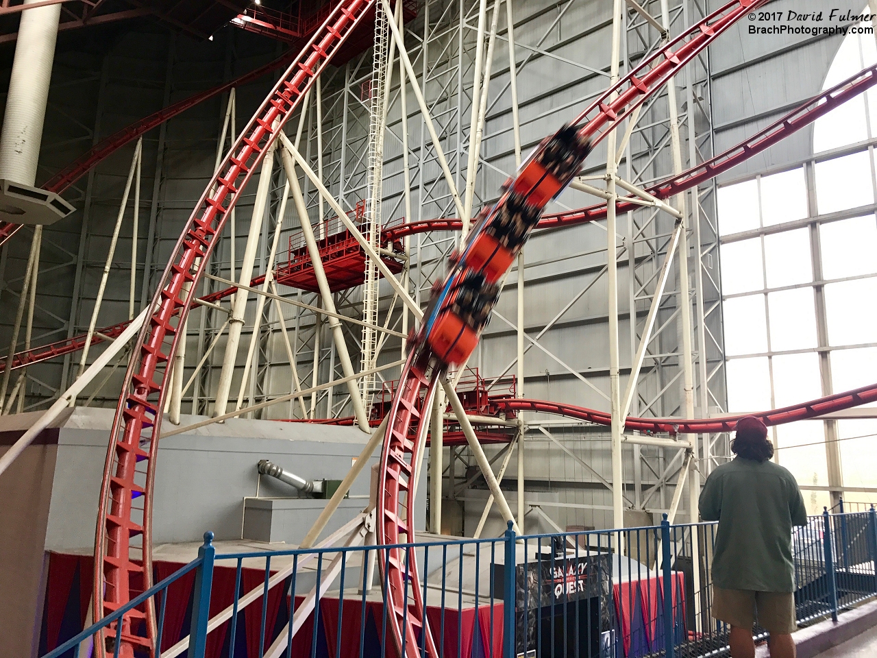 Mindbender train making the diving turn.