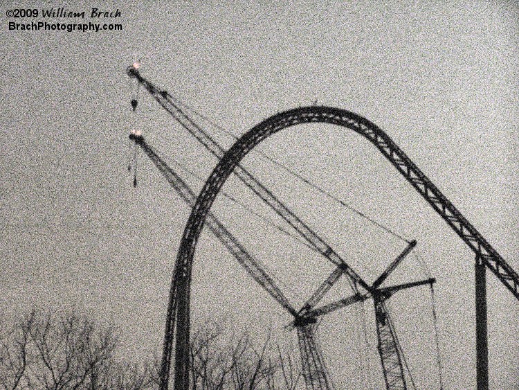 Thanksgiving Night 2009 - Drove past the park to get these photos.  This photo was taken at night only three days after the crown piece was put on the lift hill.