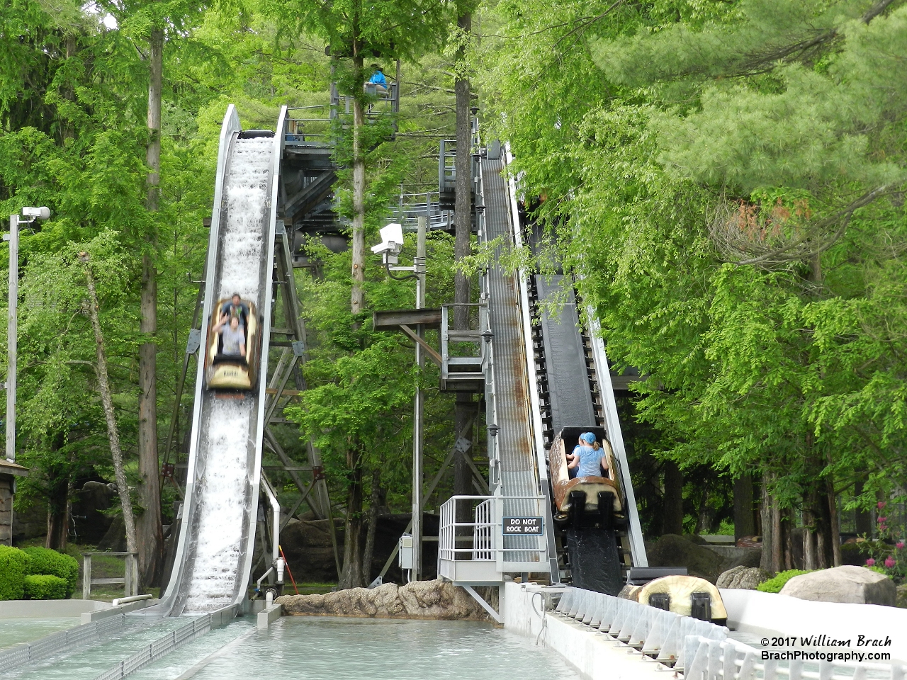 Lift hill and final drop of Flume at Knoebels.
