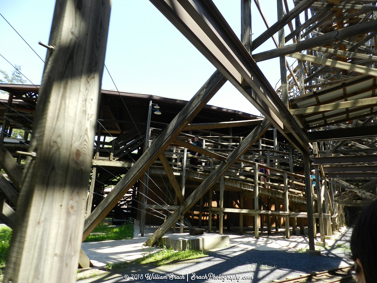 Going under Twister's structure while riding the Pioneer Train.