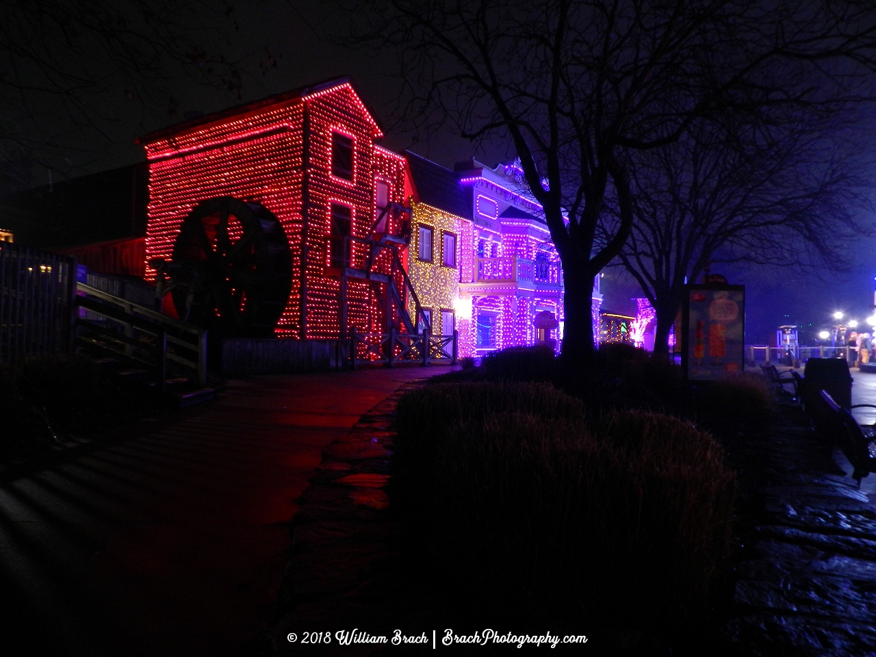 Lights on the buildings for Holiday in the Park 2018.