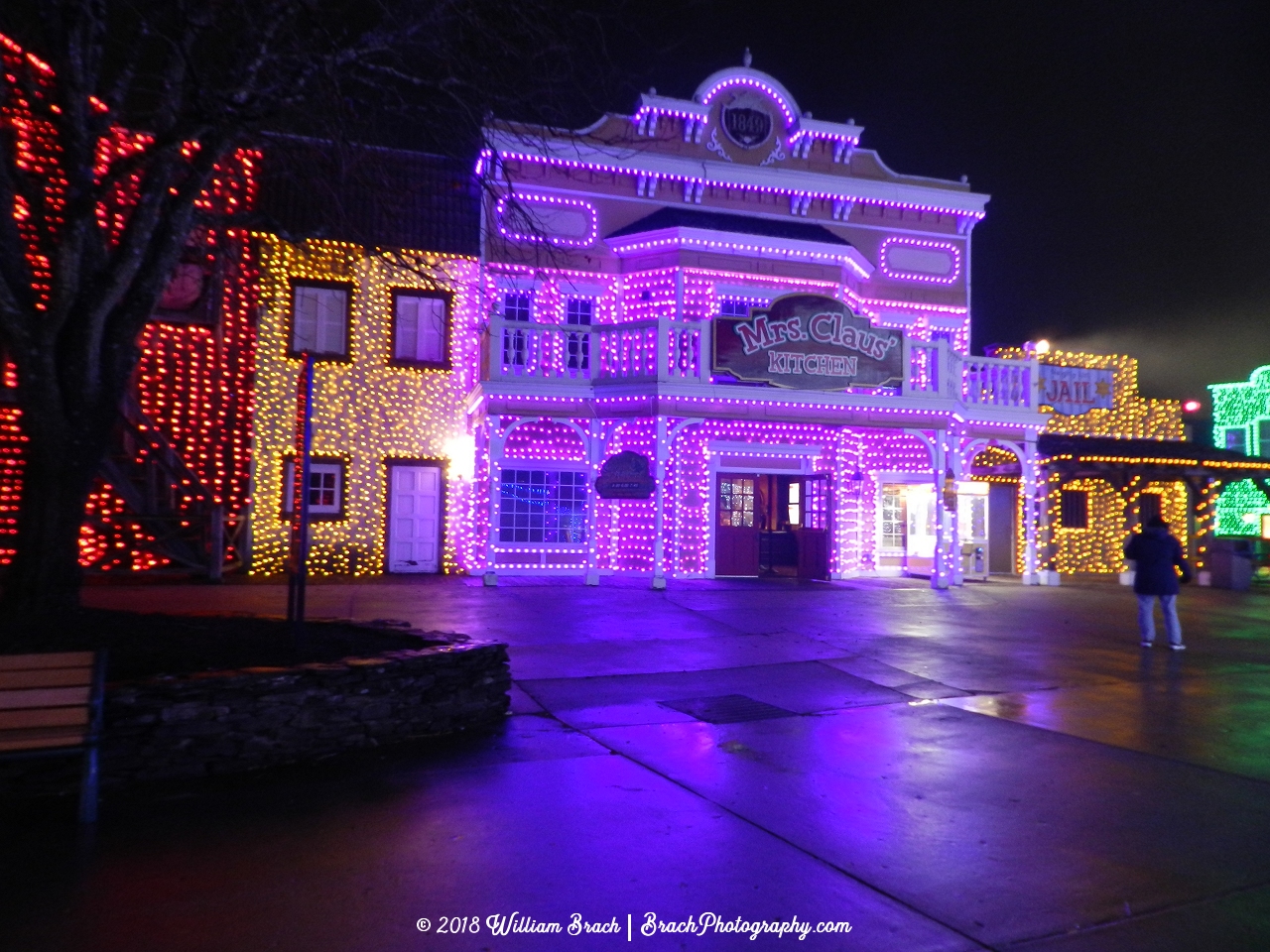 Very pretty lights on the Saloon which has been transformed into Mrs. Claus' Kitchen for Holiday in the Park.