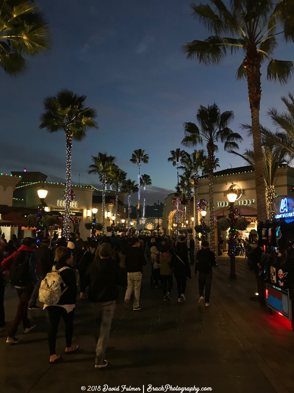 Entrance area of Universal Studios Hollywood at night.